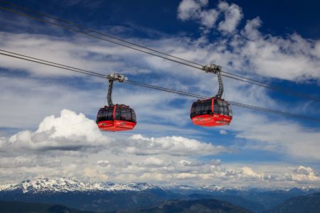 Two Peak to Peak Gondola cabins pass each other in the sky over Whistler Blackcomb.