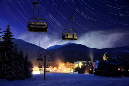 View down to Blackcomb Village from under the Wizard Chair at Whistler Blackcomb.