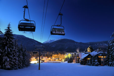 View down to Blackcomb Village from under the Wizard Chair at Whistler Blackcomb.